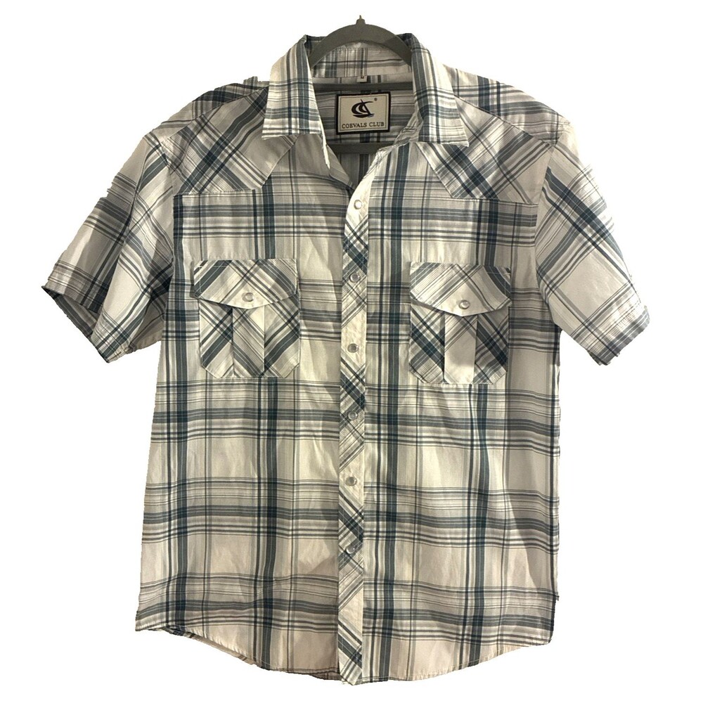 Coevals Club Shirt Mens Medium White Teal Plaid Western PEARL SNAP Short Sleeve